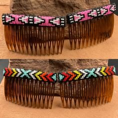 Loom Beaded Hair Comb made with size 11 Delica beads. Beads are attached to felt and stitched onto comb. Combs come as a pair. Combs are about 2 1/2" x 2 3/4".  Please contact shop if you would like these designs in your favorite color. Beaded Hair Combs Diy, Hair Combs Diy, Stitch Bead Pattern, Beaded Hair Combs, Crochet Game, Beaded Hair Clips, Beaded Hair, Sewing Crafts Tutorials, Ukulele Songs