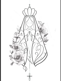 a black and white drawing of a dress with roses on it