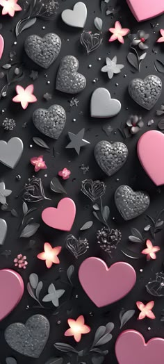 pink and silver hearts on a black background