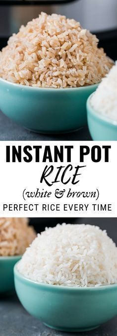 instant pot rice in blue bowls with the words instant pot rice on top and an image of