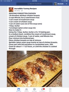 an image of a recipe on the facebook page for chicken and rice casserole