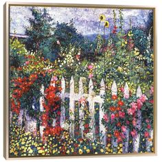 a painting of flowers growing over a white picket fence with trees in the back ground