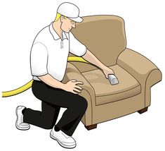 a man kneeling on the ground with a vacuum in his hand and cleaning couches