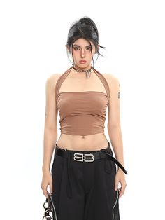 7 Y2k Solid Color Tops For Spring, Spring Solid Color Y2k Tops, Spring Y2k Solid Color Tops, Spring Solid Y2k Crop Top, Spring Y2k Style Crop Top, Casual Non-stretch Solid Color Crop Top, Fitted Solid Brown Tops, Fitted Brown Solid Color Top, Chic Brown Crop Top For Spring