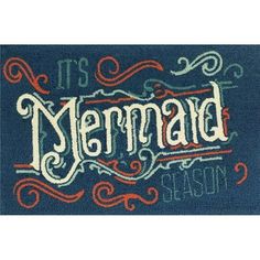 it's mermaid season door mat with an image of the word in red, white and blue