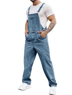 PRICES MAY VARY. Material: High quality denim fabric, this hippie denim overalls is durability and long-lasting wear, soft denim provides you comfort and relaxed feeling throughout day Features: Fashion overall trousers for men, Button Fly and zipper closure, Denim fabric, Boot Cut Trousers, Two side pockets and two back pockets. These workwear jean jumpsuit feature a generous and relaxed touch, regular fit with adjustable shoulder straps, big bib pocket & multiple other pockets for convenient s Sleek Casual Outfits, Jumpsuits For Men, Elegant Casual Outfit, Jean Jumpsuit, Overalls Jeans, Straps Jumpsuit, Blue Overalls, Workwear Jeans, Trousers Casual