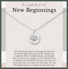 PRICES MAY VARY. TO NEW BEGININGS: Embrace new beginnings with our stunning lotus charm necklace. Crafted to symbolize resilience and strength, the lotus flower emerges from darkness to bloom in the light. Each day is a fresh start, celebrated with this elegant silver necklace—a reminder to take life one day at a time and cherish the journey of growth. INSPIRATIONAL MILESTONES: Celebrate her new chapter with our Silver Lotus Necklace, perfect for graduation gifts for her, divorce gifts, or any m Divorce Gifts For Her, New Beginings, Divorce Gift, Lotus Flower Necklace, Celebrate Recovery, Journey Of Growth, Aa Jewelry, Lotus Necklace, Lotus Pendant