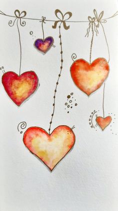 three hearts hanging from a clothes line with bows and ribbons attached to the strings, painted in watercolor on white paper