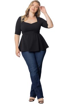 This versatile top is framed by elbow-length sleeves and features a flouncy peplum that moves when you walk. 27 1/2" (size 1X) Sweetheart neck Elbow-length sleeves 95% polyester, 5% spandex Machine wash, dry flat Made in the USA of imported fabric Peplum Top Plus Size Outfits, Larger Bust Outfits, Blusas Peplum, Peplum Top Outfits, Summer Hacks, Dear Love, Black Peplum Top, Size 16 Women, Short Women Fashion