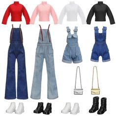 six pairs of overalls and boots are shown in multiple colors, including black, white, pink, blue