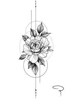 a black and white drawing of a rose on a pole with two circles around it