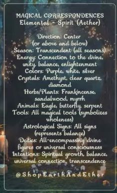 a poster with the words, magic correspondences and an image of a tree in the background