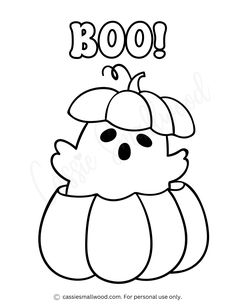 a black and white drawing of a pumpkin with the word boo on it's face