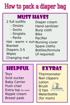 the instructions for diaper bags are shown in purple and white, with text that reads how