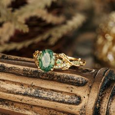 Nature-inspired gold ring with moss agate center and green sapphire accents Vintage Sapphire Ring, Emerald Wedding Rings, Nature Inspired Rings, Full Eternity Ring, Wedding Anniversary Gift, Solid Gold Jewelry, Small Rings, Engagement Ring Wedding Band, Fine Rings