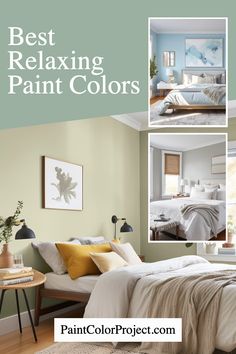 the best relaxing paint colors for bedroom walls and floors in this postcard style photo collage