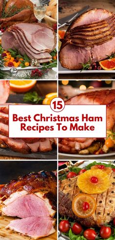 A vibrant collage of delicious Christmas ham recipes, featuring perfectly baked and glazed hams garnished with oranges, cherries, and fresh herbs. Each image highlights classic holiday flavors and festive presentations, ideal for a Christmas dinner centerpiece. This collection inspires family meals with flavorful hams paired with fruits and seasonal sides for a joyful holiday feast. How To Cook Christmas Ham, Ham Recipes Christmas, Ham Garnish Ideas, Ham Recipes For Christmas, Best Christmas Ham Recipe, Christmas Dinner Ideas Main Dishes Ham, Ham Presentation Ideas