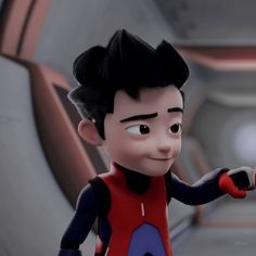 the animated character is pointing to something in his hand and wearing a red, blue and black outfit