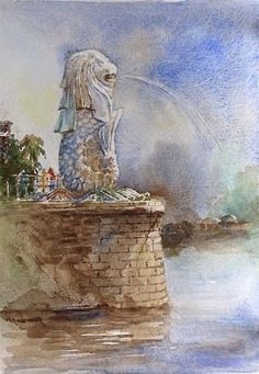 a watercolor painting of a statue on the edge of a body of water