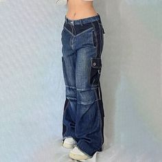 Blue Y2k Full Length Bottoms, Blue Y2k Full-length Bottoms, Baggy Denim Blue Cargo Pants, Baggy Full-length Denim Blue Pants, Y2k Style Baggy Denim Pants, Y2k Baggy Denim Pants, Y2k Style Wide Leg Flare Jeans With Pockets, Y2k Wide Leg Flare Jeans With Pockets, Blue Y2k Streetwear Bottoms