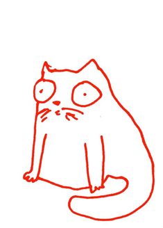 a red drawing of a cat with big eyes and an angry look on its face