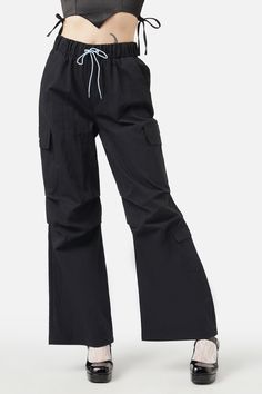 black Baggy Cargo Pants, Cargo Pant, Baggy Fits, Drawstring Waist, Wide Leg, Black Pink, Pants, Pink, Black