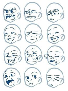 various facial expressions drawn in blue ink on white paper