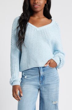 Fall for the slouchy fit of this drop-shoulder sweater that reverses from a scoop neck to a V-neck. 20" length (size Medium) Scoop neck or V-neck Long sleeves 60% cotton, 40% acrylic Machine wash, dry flat Imported Not available for sale and shipment to Germany Clothing Preppy, Dark Blue Sweater, Aesthetic Sweaters, Reversible Sweater, Teen Sweater, Cute Crewneck, Clothes Wishlist, Trendy Hoodies, Casual Preppy Outfits