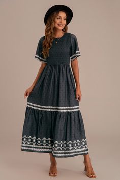 Black Short Sleeve Round Neck Elastic Waist Smocked Maxi Dress Bangladeshi Clothes, Mission Dresses, Teacher Outfit Inspiration, Cocktail Dress Casual, Short Dress Patterns, Floral Maxi Dresses, Stylish Maxi Dress, Smocked Maxi Dress, Grey Dresses