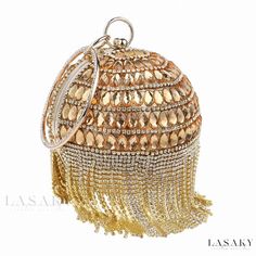 Lasaky - Exquisite Glimmering Rhinestone Adorned Fringed Circular Evening Clutch Bag - Luxurious Gold Wedding Wristlets, Ball Gowns Fantasy, Pearl Tassels, Fashion Barbie Dolls, Fancy Clutch, Black Gift Bags, Black And Gold Wedding, Roaring 20s Party, High School Prom