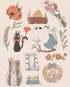 an image of various cartoon animals and flowers