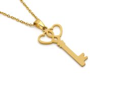 "A necklace in Stainless Steel with a golden key pendant that is 38 mm (a bit under one and a half inches) long. It is matte on the back and has the word \"Love\" on it. The chain is included and is 18\" (45 cm) long plus a 2\" extender is also attached! The jewelry is Nickel safe and we test it regularly." Gold Heart Necklace With Two Keys, Heart Skeleton Key, Key Necklace Gold, Heart Skeleton, Skeleton Key Necklace, Golden Key, The Word Love, Push It, Key To My Heart