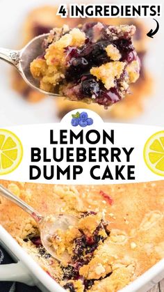 lemon blueberry dump cake in a white dish with a spoon and the title overlay reads, lemon blueberry dump cake