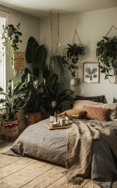 a bed with lots of plants on the wall