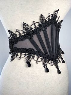 Lace Waist Belt, Gothic Waist Belt, Black Waist Corset, Gothic Underbust Corset With Belt, Fitted Festival Corset With Belt, Black Party Corset With Belt, Black Corset Belt With Boned Bodice For Party, Black Lace Corset For Costume Party, Black Party Corset Belt With Boned Bodice