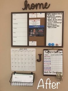 a bulletin board with the words home written on it next to a calendar and clipboard