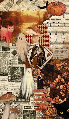 an altered collage of halloween images with cats, bats and pumpkins on newspaper