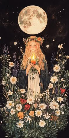 a painting of a woman holding a candle in her hands surrounded by flowers and plants