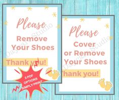 two thank cards with the words please remove your shoes