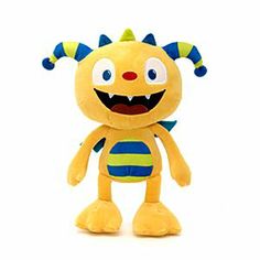 a yellow stuffed animal with blue and yellow stripes