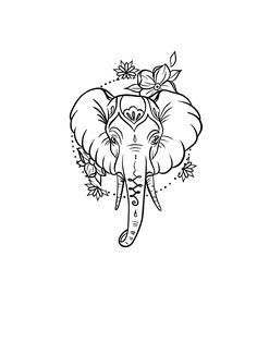 an elephant with flowers on it's head is shown in black and white ink