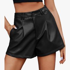 Care Instructions Machine Wash Closure Type Zipper About This Item Stylish And Trendy: These Faux Leather Shorts Are Designed To Keep You On Top Of The Fashion Game. Features Zip Fly And Hook Closure, Side Pockets, Pleating At Top And Angled Hemline Adds An Edgy Touch To Any Outfit, Making You Look Effortlessly Stylish. High Waisted Design: The High Waist Design Accentuates Your Waistline, Creating An Hourglass Figure And Giving You A Confident And Feminine Look. It Also Provides A Comfortable A Faux Leather Short Bottoms For Day Out, Trendy Faux Leather Bottoms For Day Out, Faux Leather Shorts For Day Out, Casual Faux Leather Bottoms, High Waist Faux Leather Shorts With Pockets, Summer Faux Leather Bottoms For Going Out, Night Out Faux Leather Shorts With Pockets, Casual Faux Leather Bottoms For Summer, Summer Casual Faux Leather Bottoms