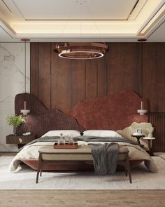 a large bed sitting in the middle of a bedroom next to a wooden headboard