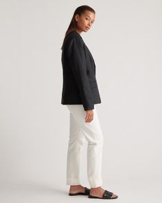 With its crisp tailoring and quietly luxurious fabric, our 100% European Linen Structured Blazer is the layer that instantly pulls your look together. Designed with a notched lapel, single-button closure, and functional pockets, this timeless style makes everything else you're wearing look that much more polished. Crafted from premium-quality European linen and fully lined in cotton, it's equally lightweight and durable, and ideal for year-round wear. For a more casual look, check out our 100% E Timeless Linen Blazer For Business Casual, Linen Suits With Double Button Closure For Work, Linen Blazer With Pressed Crease For Office, Classic Linen Suits For Workwear, Timeless Blazer With Lapel Collar And Hidden Button Closure, Linen Suits With Lapel Collar For Office, Modern Linen Blazer For Work, Tailored Timeless Blazer With Lapel Collar, Modern Linen Blazer For Workwear