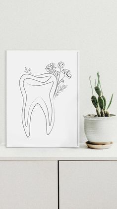 Instant download medical line print Tooth With Flowers, Medical Wall Art, Line Poster, Minimalistic Poster, Teeth Art