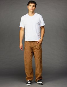 Rsq Straight Twill Utility Pants. Button Waist Paired With Zipper Fly. Double Layer Knee Patches. Slant Pockets With Coin Pocket At Right Front Pocket. Back Patch Pockets. Carpenter Pockets On Right Leg. Hammer Loop On Left Leg. Straight Leg Fit. 100% Cotton. Machine Wash. Imported. Casual Cargo Pants With Button Closure For Work, Men’s Casual Pants, Relaxed Fit Overalls With Pockets, Brown Relaxed Fit Bottoms With Button Closure, Pants Style For Men, Men’s Pants, Mens Carpenter Pants, Straight Leg Pants Men, Tan Pants Men