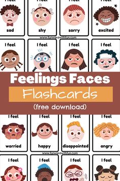 examples of feelings flashcards for download, 16 faces on different cartoon children showing many emotions from shy, sorry, excited, happy, worried etc Emotions Charts Preschool, How I Feel Emotions Template, Esl Feelings And Emotions, Printable Emotions Faces, Feelings Faces Printable, Feeling Cards Free Printable, Free Printable Emotion Cards, Emotion Flashcards Free Printable, Feelings Flashcards Free Printable