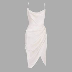 This elegant Draped Collar Wrap Ruched Satin Cami Midi Dress is made of premium satin for a luxurious feel. The draped collar wrap and ruched detailing bring a sense of refinement to every look. Perfect for any special occasion. Fit Type: Slim Fit Fabric: High Stretch Material: Polyester, Elastane Elegant White Dress With Ruched Sides, Formal Draped Mini Dress With Folds, Pre-draped Ruched Dresses For Date Night, Pre-draped Dresses With Ruched Back, Elegant Cocktail Midi Dress With Ruched Sides, Fitted Satin Midi Dress With Ruched Bodice, Satin Midi Dress With Ruched Back For Evening, Elegant Ruched Midi Dress With Spaghetti Straps, White Ruched Back Midi Dress For Evening