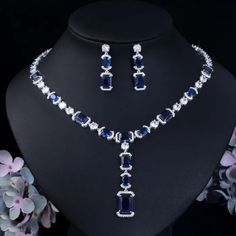 Hand Set Blue Jewelry Sets For Wedding, Blue Hand Set Jewelry Sets For Wedding, Blue Hand Set Jewelry For Wedding, Blue Hand Set Jewelry For Party, Wedding Blue Hand Set Jewelry Sets, Sapphire Cubic Zirconia Jewelry Set For Party, Blue Crystal Jewelry Sets For Wedding, Elegant Blue Jewelry Set For Party, Sapphire Jewelry Sets For Wedding