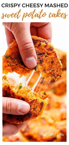 a hand holding a piece of cheese mashed sweet potato cakes with the text overlay that reads crispy cheesy mashed sweet potato cakes